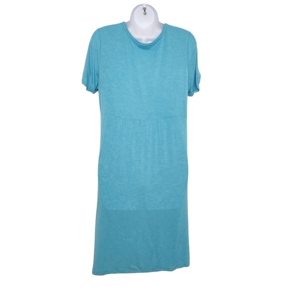 J Jill Scoop Neck Cuffed Jersey Knit Pullover Babydoll Dress Island Blue Pockets - Picture 3 of 8